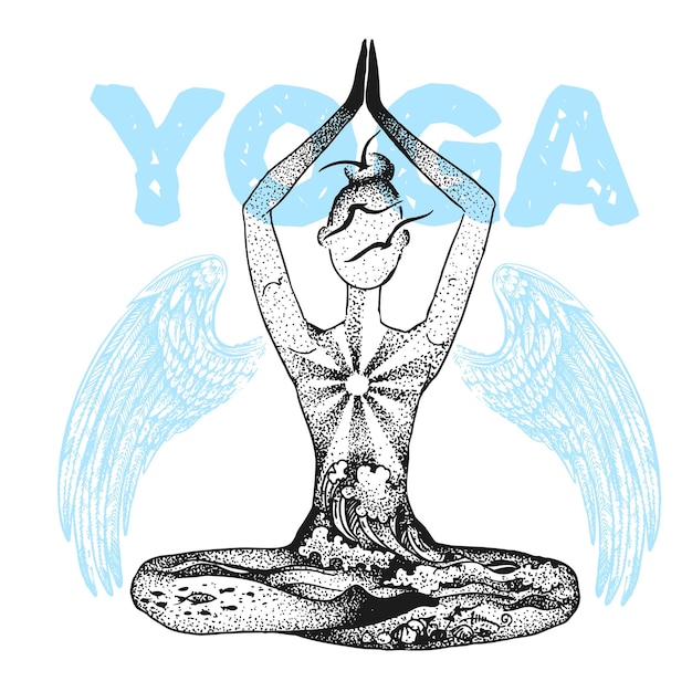 Vector yoga meditation pose graphic vector hand drawn illustration double exposure style