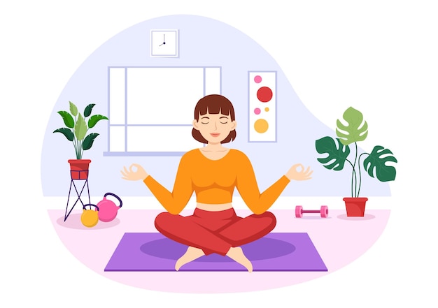 Yoga and Meditation Practices Illustration for Web Banner or Landing Page in Cartoon Hand Drawn