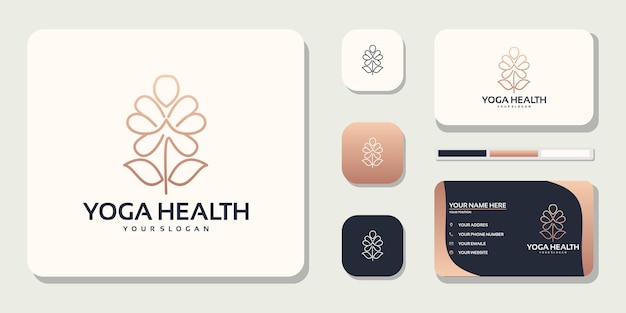 Yoga meditation with abstract lines logo and business card design Premium Vector