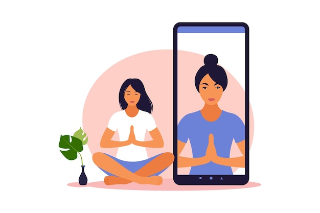 Yoga online concept with healthy woman doing yoga exercise at home with online instructor. Wellness and healthy lifestyle at home. Woman doing yoga exercises. Vector illustration.