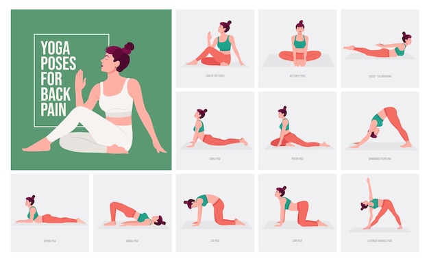 Vector yoga poses for back pain young woman practicing yoga poses