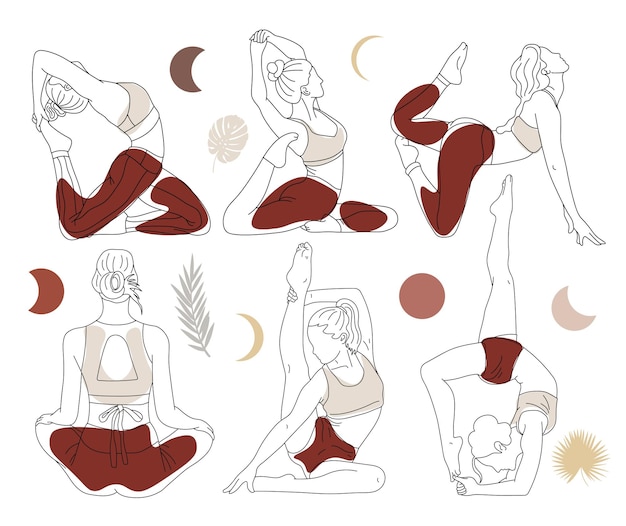 Vector yoga poses collection line art happy yoga day