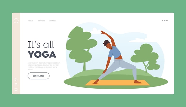 Yoga Poses Outdoor Stretching Landing Page Template Female Character Exercises in Park Woman Practice Outdoor Yoga