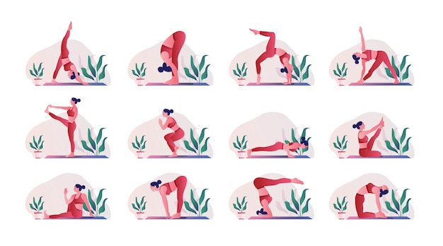 Vector yoga poses set young woman practicing yoga poses