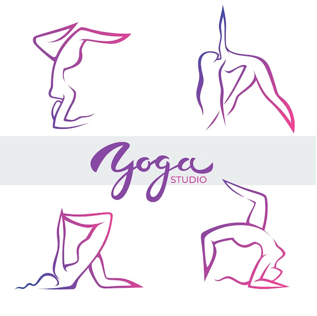 Yoga poses, vector logo template with lettering composition and woman body