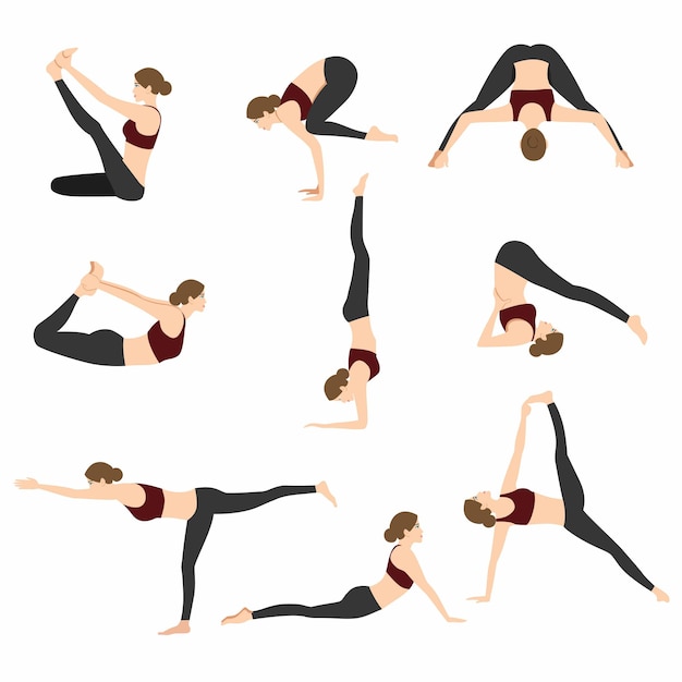 Yoga Positions Pose Set Vector Flat Design Icon Illustration on White Background