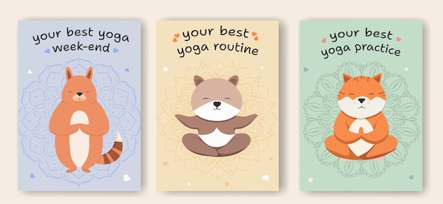 Vector yoga postcards with cute animal characters cartoon animals doing yoga and meditation in lotus pose and tree pose inspirational illustration for good mood