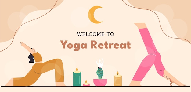 Yoga retreat spiritual practice and meditation banner Vector hand drawn cartoon illustration