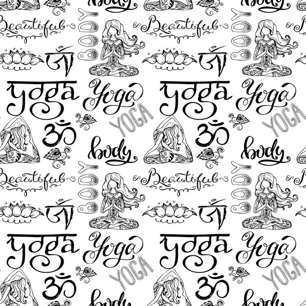 Vector yoga seamless pattern with lettering ornament girl in yoga pose on black background stock vector