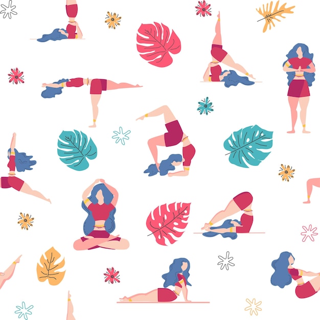 Vector yoga seamless pattern woman is engaged yoga poses lotus monstera health of mind and body