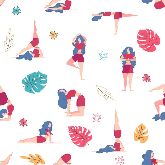 Vector yoga seamless pattern woman is engaged yoga poses lotus monstera health of mind and body