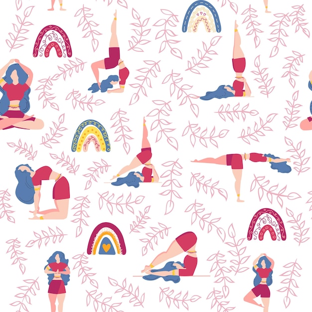 Yoga seamless pattern woman is engaged Yoga poses lotus monstera Health of mind and body