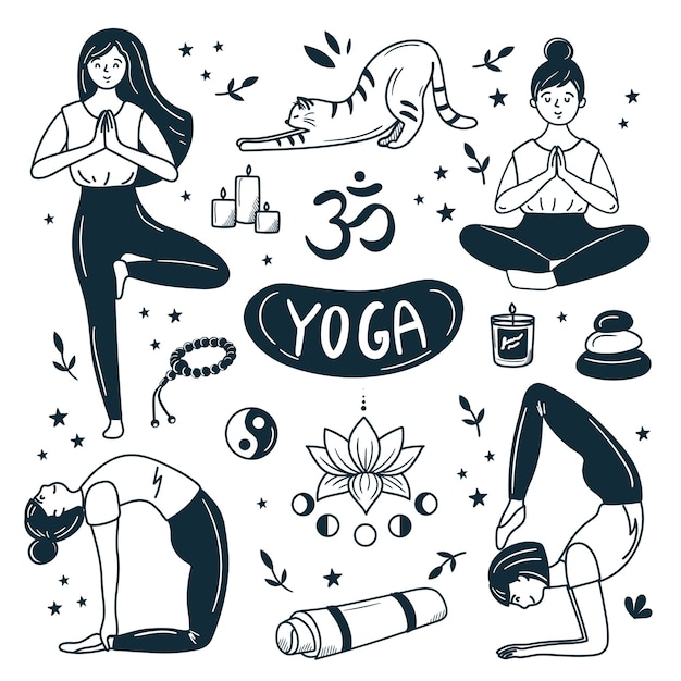 Yoga set in doodle style. cute cartoon illustrations hand-drawn