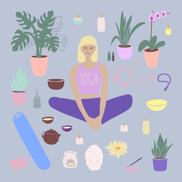 Yoga set illustration Girl doing yoga at home