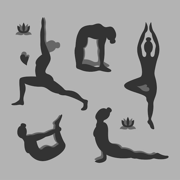 Vector yoga set silhouettes of girls in 5 different poses flat monochrome illustration