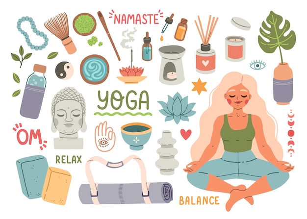 Yoga time elements set clothes, aroma sticks, mat, bra, pants, block. Vector flat illustration