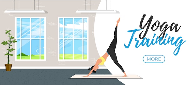 Yoga training banner in flat style. Young attractive girl in sportswear practicing yoga indoor. Healthy lifestyle, calmness and meditation in gym . Harmonize yourself at yoga studio