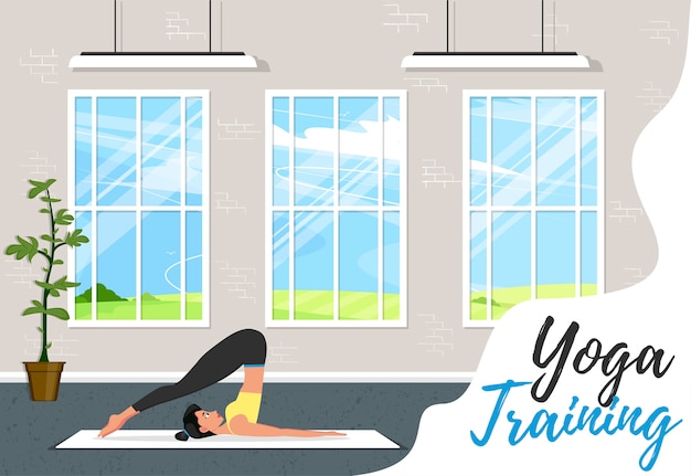 Yoga training banner in flat style. Young attractive girl in sportswear practicing yoga indoor. Healthy lifestyle, calmness and meditation in gym . Harmonize yourself at yoga studio