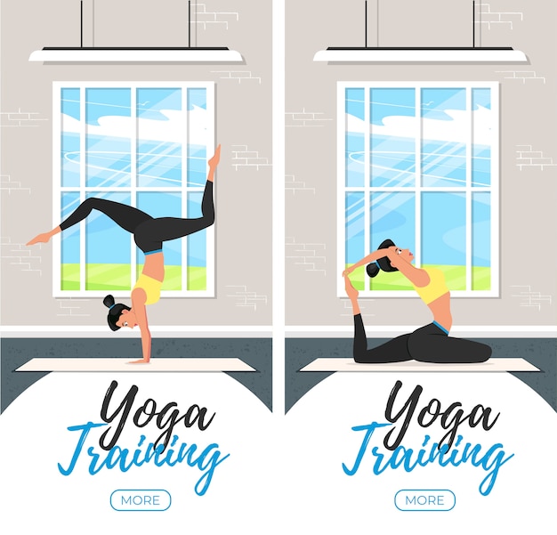 Yoga training vertical flyers in flat style. Young attractive girl in sportswear practicing yoga indoor. Healthy lifestyle, calmness and meditation . Harmonize yourself at studio