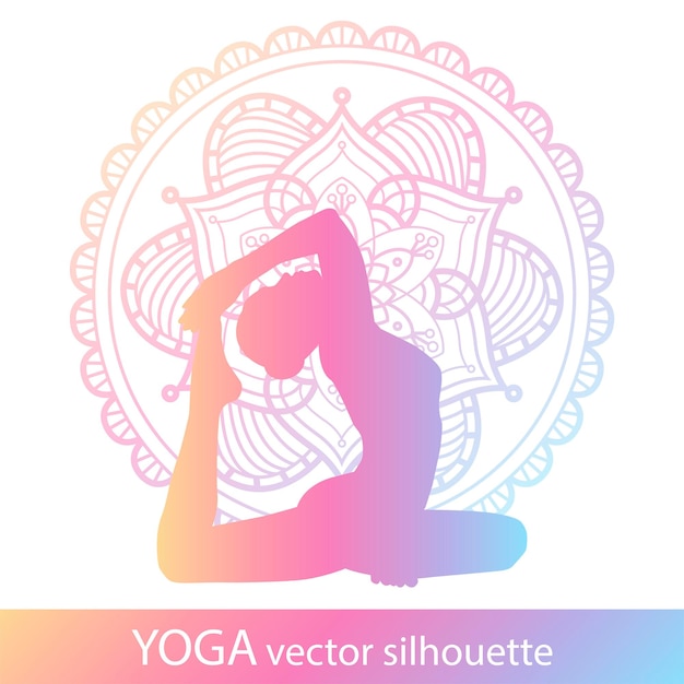 Yoga vector silhouette. Gradient young woman practice yoga and stretching. Flower mandala