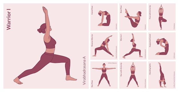 Vector yoga workout set young woman practicing yoga poses woman workout fitness aerobic and exercises