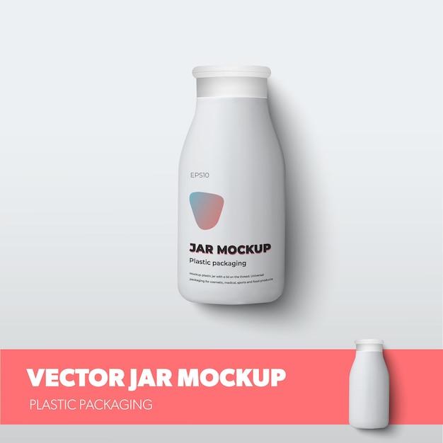 Yogurt bottle vector mockup, with design presentation in red, with realistic shadows. Lotion plastic jar template isolated on background. Vitamins packaging for advertising in pharmacy and medicine