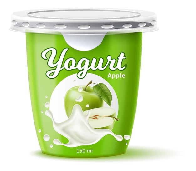 Vector yogurt package design dairy product juicy green apple fruit taste closed jar for fermented milk food cream dessert container mockup 3d pot with foil cap vector plastic packaging