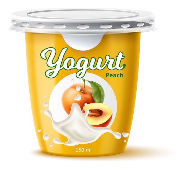 Yogurt package design Dairy product Juicy peach Fruit taste Closed jar for fermented milk food Natural apricot flavor Cream dessert container mockup Vector plastic 3D packaging