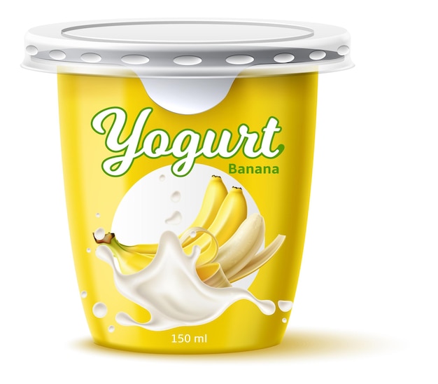 Yogurt package design Dairy product Juicy yellow banana Closed jar for fermented milk food Healthy snack Natural flavor Cream dessert container mockup Vector plastic 3D packaging