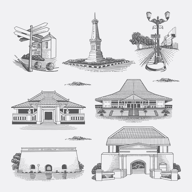 Yogyakarta heritage building drawing illustration