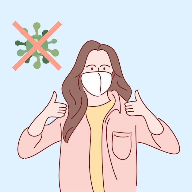 yong woman with white medical face mask. Hand drawn style vector illustrations.