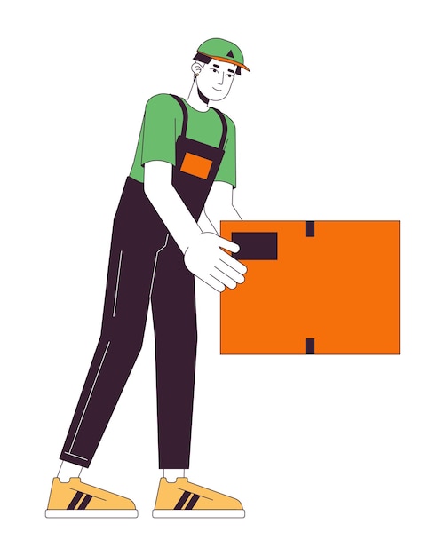 Young adult asian delivery man putting down box 2D linear cartoon character Korean guy professional mover isolated line vector person white background Holding parcel color flat spot illustration