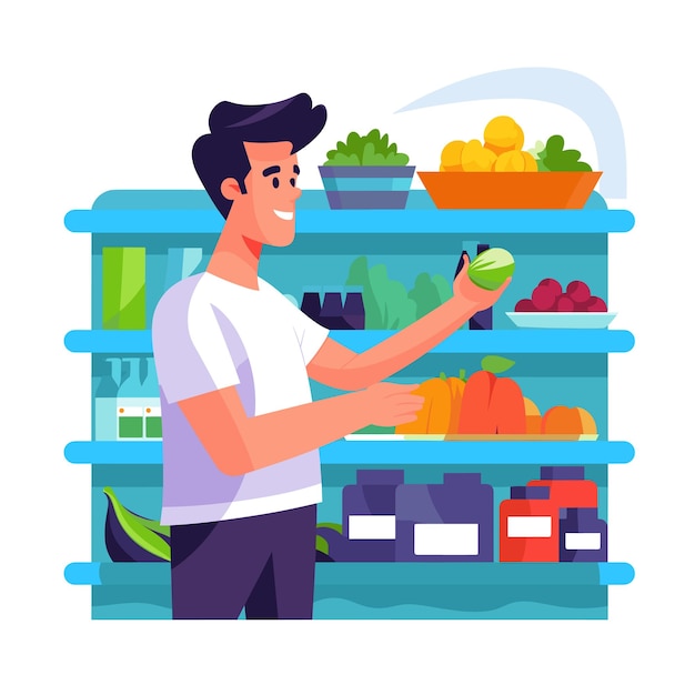 Young adult male cartoon character shopping groceries selecting green bell pepper