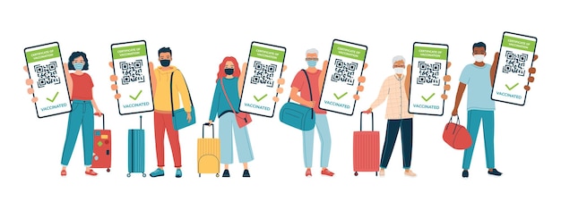 Young, adult, senior people in mask with luggage and  bags show QR code of vaccine on the phone.