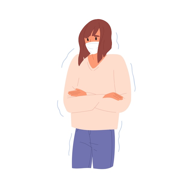 Young adult shivering woman with fever or cold disease. Female character in face mask. Symptom of seasonal sickness, SARS, influenza or covid 19. Flat cartoon illustration on white background.