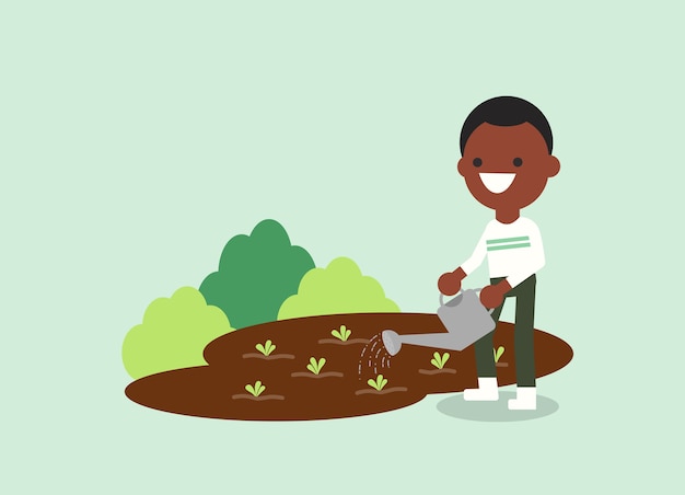 Young African American man watering plant. Agricultural workers illustration.    character.