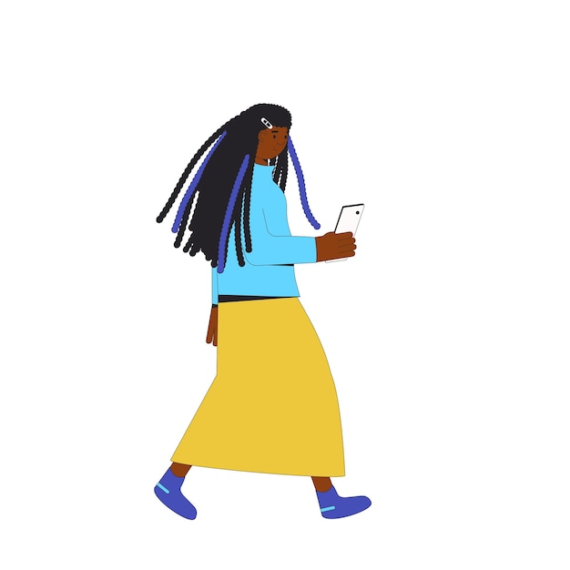 Young african american woman Female teenager wearing in casual clothes walking with smartphone