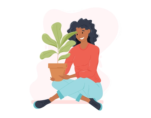 Young African American Woman sitting crosslegged on the floor with a Ficus flower in a Pot Vector isolated Flat Girl growing plants