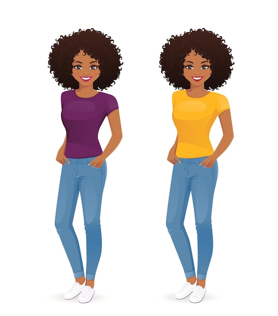 Vector young african woman wearing jeans with hands in her pockets isolated vector illustration