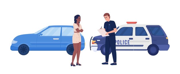 Young angry lady pulled over by police officer semi flat color vector characters