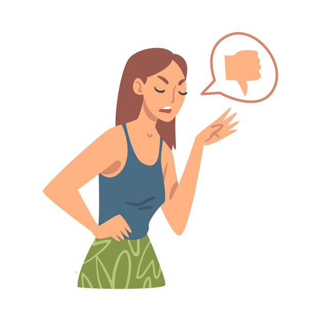 Vector young angry woman character expressing discontent in social media with thumb down vector illustration