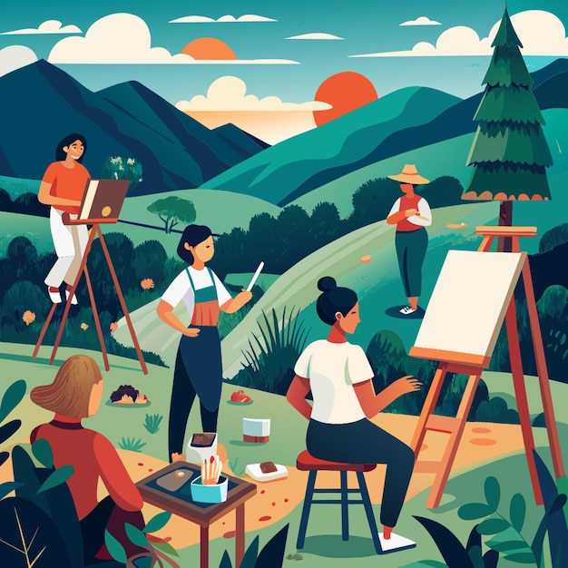 Vector young artists paint plein air vector illustration flat 2