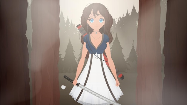 Young Asian girl in a white dress with a Japanese sword She has long brown hair and blue eyes Green trees in the background