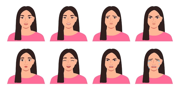 Young Asian woman avatar setDifferent emotions Cartoon vector illustration