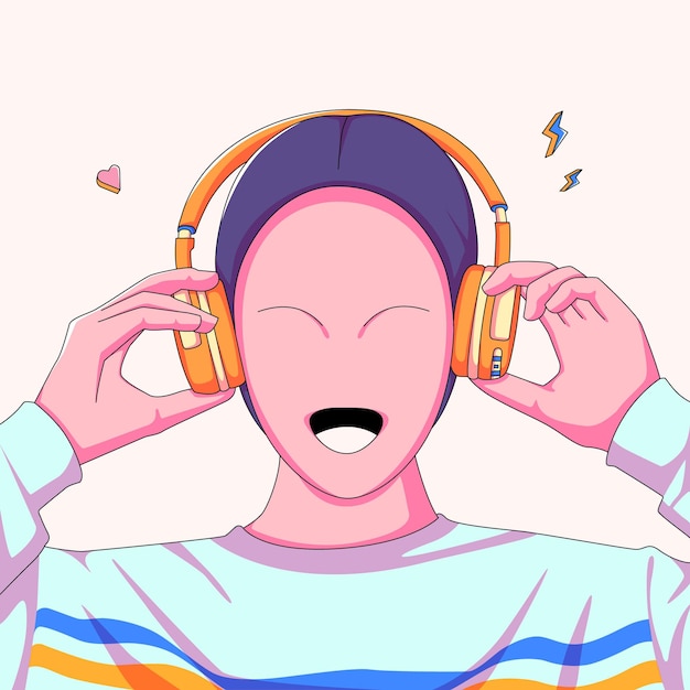 Young Asian Woman Listening to Music with Wireless Headphone Illustration Vector