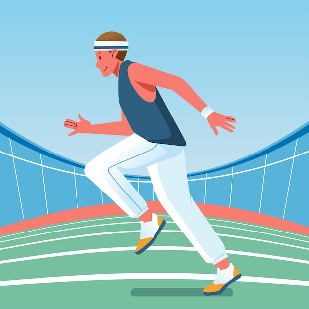 A young athlete is practicing running in the stadium flat vector illustration