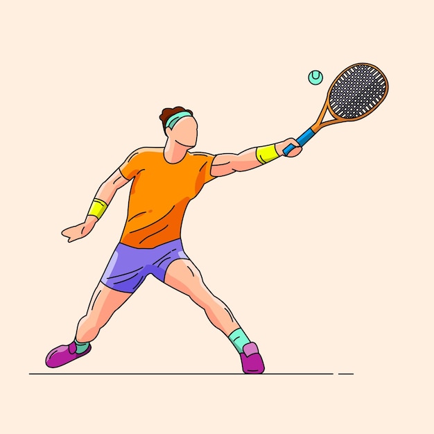 Young athlete playing tennis and hitting the ball with racket Vector flat illustration isolated on white background