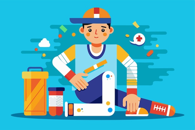 A young athlete tends to a leg injury while surrounded by first aid supplies and medication Customizable flat illustration of an injury