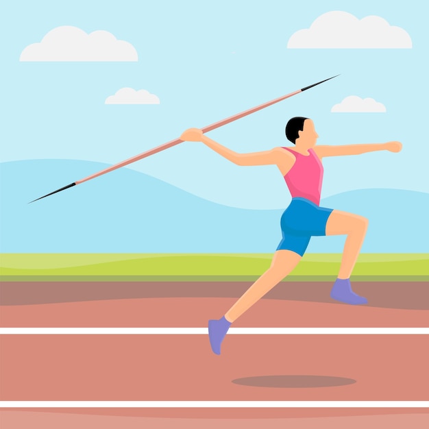 Young athlete throwing javelin Vector flat illustration isolated on white background