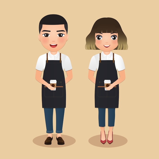 Young barista women and man in apron smiling holding coffee cup. Cute cartoon character.